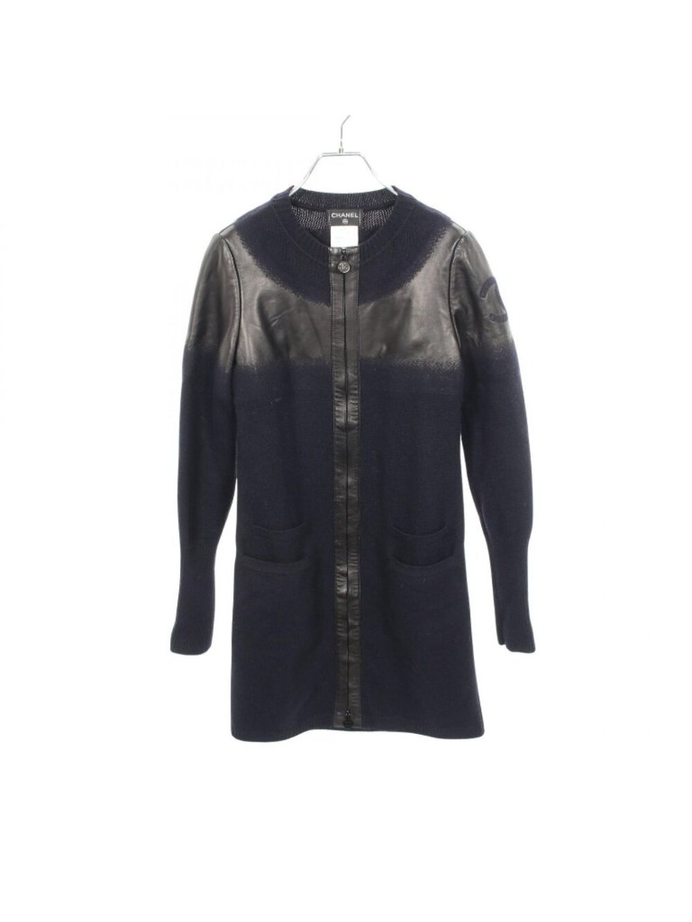 Chanel CC Logo Leather Trim Knit Wool Jacket